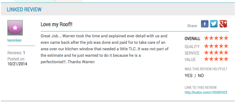 Academy Roofing’s Latest 5-Star Kudzu Review