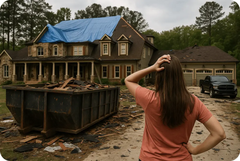 Woman looking at storm-damaged home with debris and tarp-covered roof, representing roofing stress
