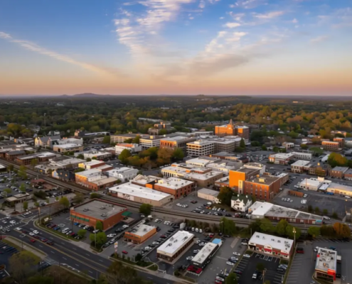 Aerial view of commercial rooftops in Cobb County relevant to roofing permits