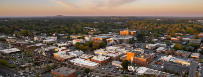 Aerial view of commercial rooftops in Cobb County relevant to roofing permits