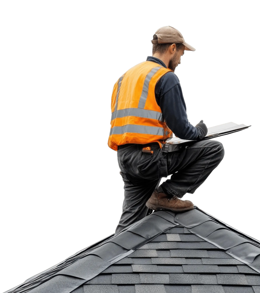 Contractor wearing safety vest inspecting shingle roof for commercial project planning
