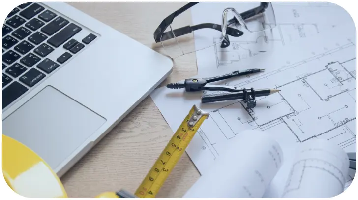 Blueprints, laptop, and tools used for planning a commercial roofing project around tenant operations